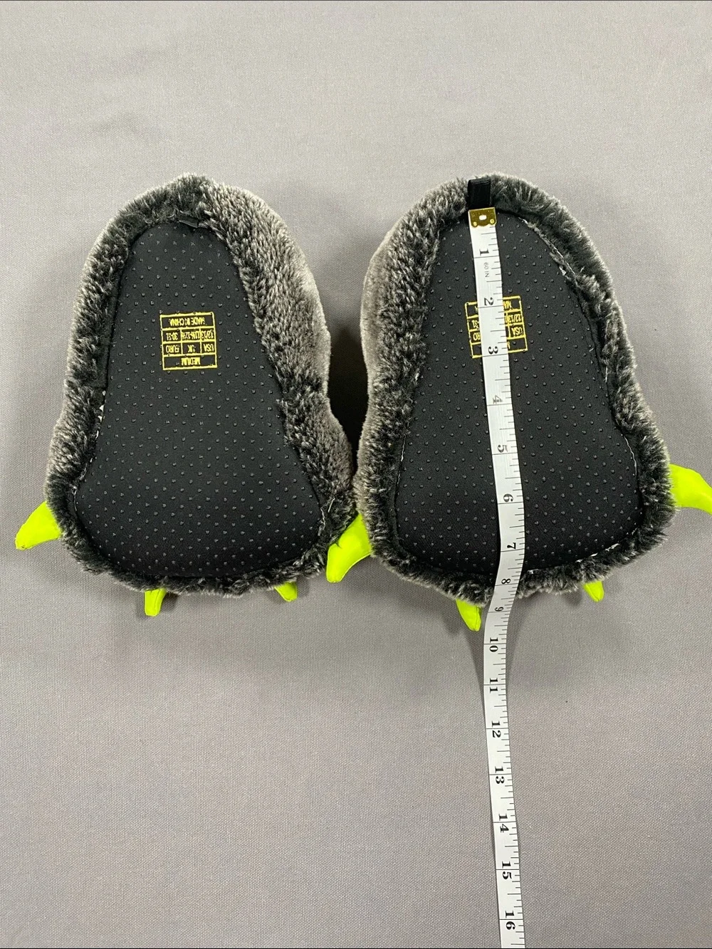 Falls Creek Kids Plush Monster Paw Slippers — Gray with Neon Green Claws